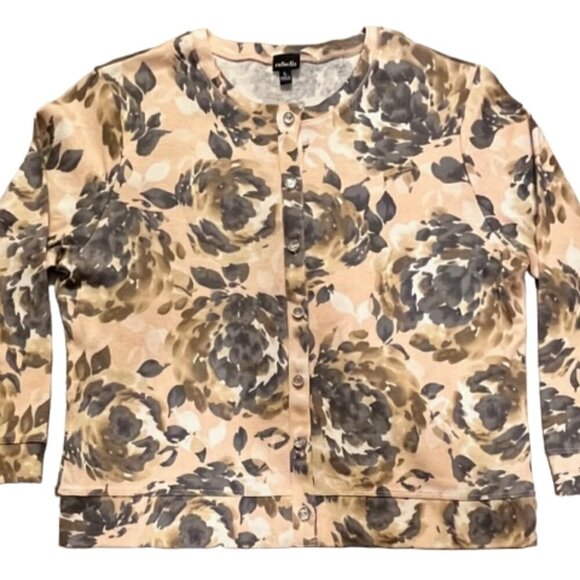 Rafaella NWOT Women's Cardigan Peach Grey Floral Clear Jewel Buttons Size Large - Picture 1 of 8